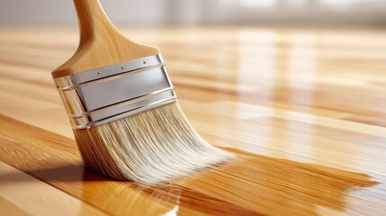A wide brush applies a glossy finish to a wooden floor, enhancing the wood grain and shine.