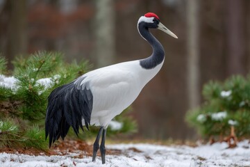 Obraz premium Red-crowned Crane in Winter: Elegant Bird in Snowy Landscape