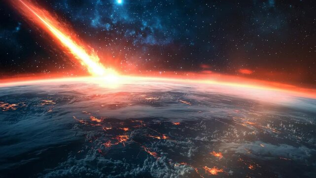 Fiery comet hits Earth atmosphere producing red hot explosion light.