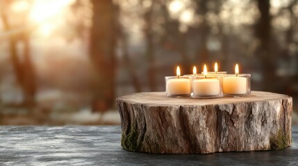 A warm arrangement of lit candles on a wooden base, surrounded by nature which enhances relaxation and evokes a cozy and serene atmosphere.