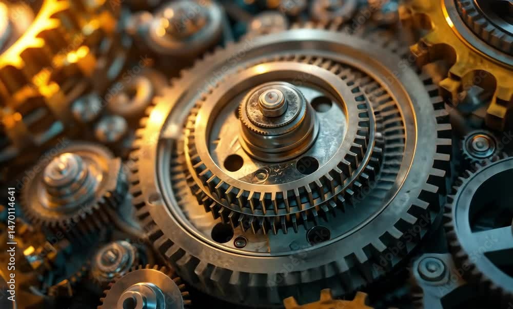 Poster intricate mechanisms showcase stunning detail in a close-up view of metallic gears and cogs in vibra