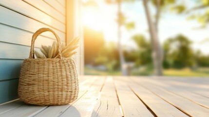 A charming wicker basket filled with gentle grasses is positioned against a sunlit background, offering an elegant touch to indoor decor while highlighting the beauty of simplicity.