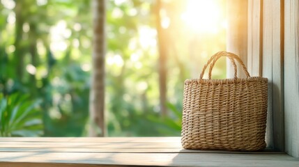 A woven basket sits peacefully on a wooden surface, surrounded by rich greenery and dappled sunlight, symbolizing the serenity and connection to nature that inspires calm feelings.