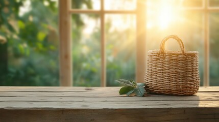 A charming woven basket adorned with leaves is set on a wooden table, basking in golden sunlight that flows through the window, enhancing the warm and inviting atmosphere of the space.