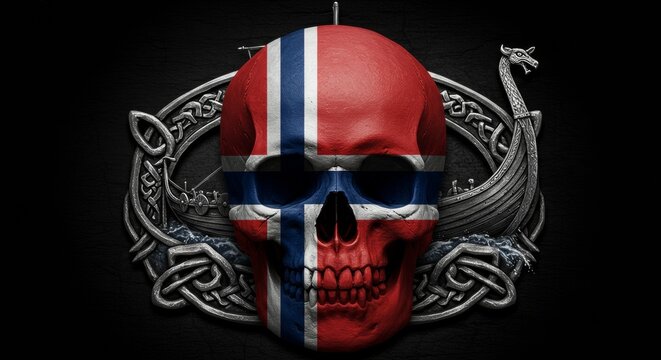 Striking skull painted with Norway flag surrounded by Viking ship and celtic knotwork