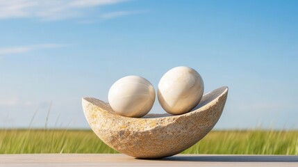 An artistic stone bowl elegantly cradling two smooth marble egg forms, combining elements of nature and art to create a serene, tranquil masterpiece for modern decor.