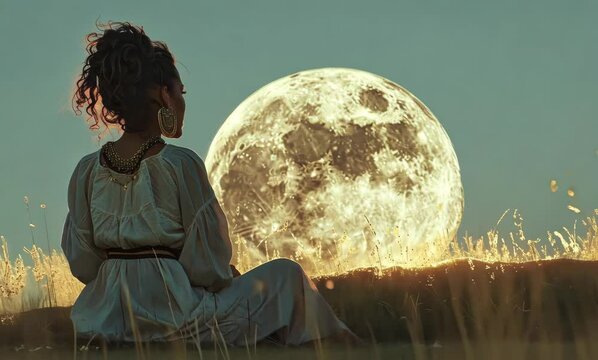 Girl gazes at the full moon surrounded by nature in a serene landscape under a clear sky during twilight