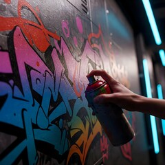 Close up of hand holding spray can spraying red and white paint onto wall covered in colorful graffiti art