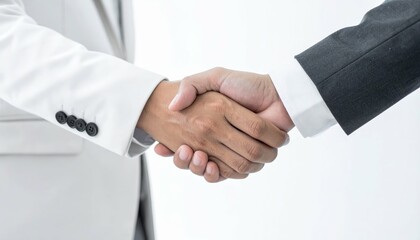Business Partnership Agreement with Handshake Between Two Professionals in Formal Attire on a Light Background