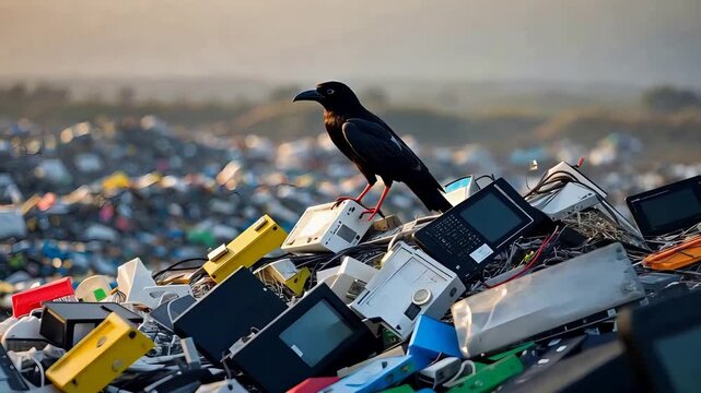 Black crow standing on a large pile of discarded electronic devices in an open landfill with mountains of e-waste and hazy background landscape

