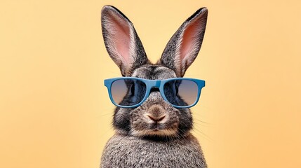 Funny Bunny Wearing Round Blue Sunglasses On Yellow Background Summer Style Portrait