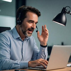 Support service worker man with headset laptop talking using video call advises customers consumers business meeting remote conference office workplace