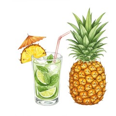 Watercolor Illustration of a Pineapple Mojito