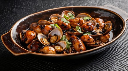 Fototapeta premium Chinese stir fried clam coated black bean garlic sauce served hot ceramic dish placed black textured table bold savory seafood dish popular coastal region of China cut out isolated transparent