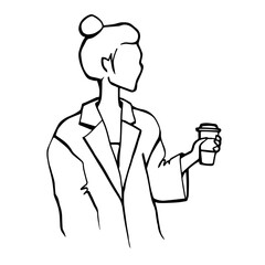 Coffee house vector collections. Line art illustration with girl in a coat holds a paper cup with coffee. Сoffee-themed composition in the ink style