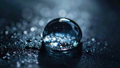 Macro Dew Drop: A glistening droplet of water, captured in stunning macro detail, sits atop a textured surface, reflecting ambient light and creating a mesmerizing interplay of light and shadow.