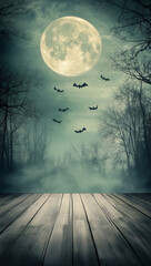 Fototapeta na wymiar Halloween background in a creepy forest with an empty wooden stage