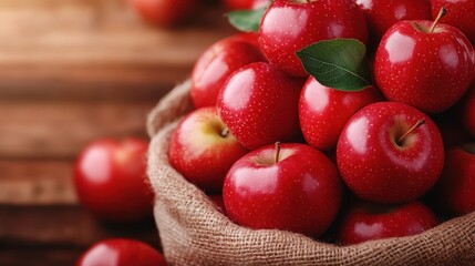 A rustic basket filled with bright red apples topped with green leaves, evoking a sense of abundance and the freshness of nature's produce in a warm setting.