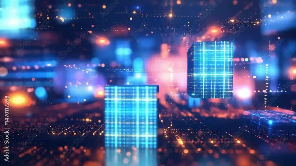Poster exploring the vibrant world of digital landscapes with glowing cubes and particles in a futuristic s