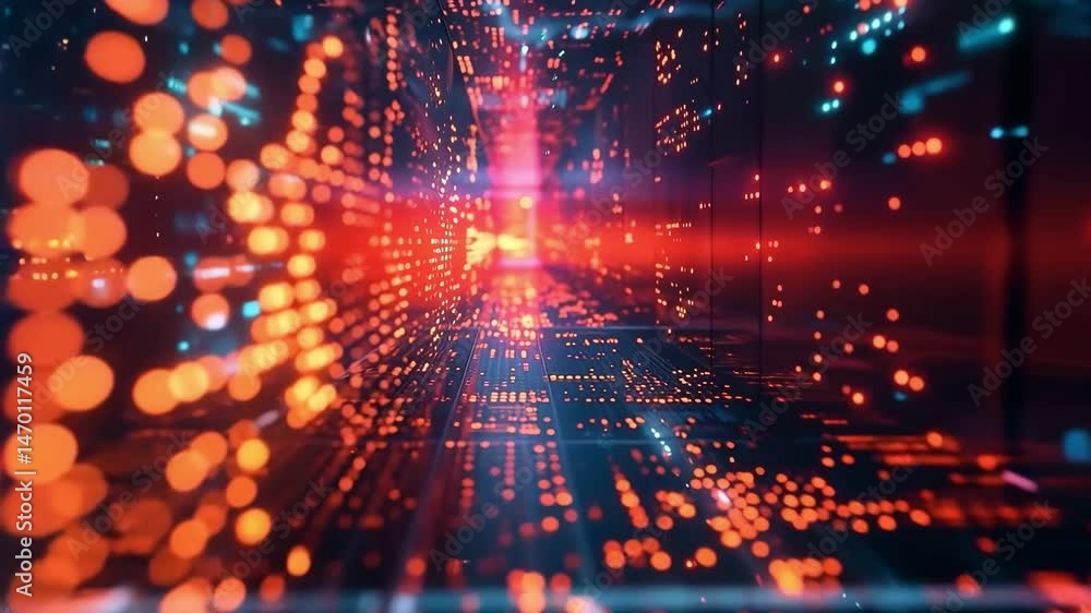 Poster visual exploration of vibrant lights and digital patterns creating an immersive atmosphere in a futu