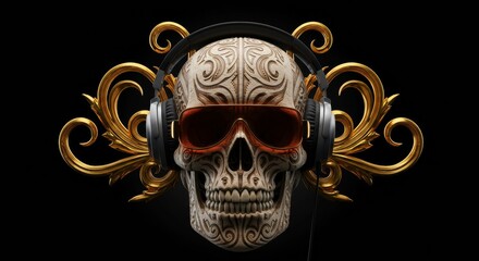 Ornate skull with headphones and sunglasses against a dark background