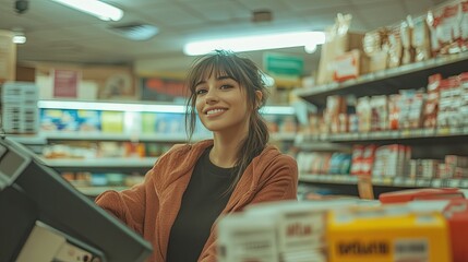 A smiling female cashier with curly hair sits at a checkout counter, engaging with a customer.