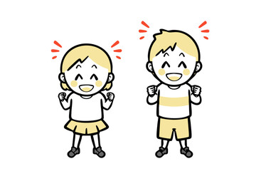 満面の笑顔で元気な、普段着の男女の子ども