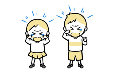 大声で泣いて大騒ぎする、普段着の男女の子ども
