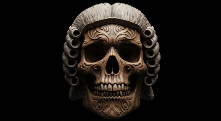 Ornate Skull with Traditional Wig: A Symbolic Representation of Mortality