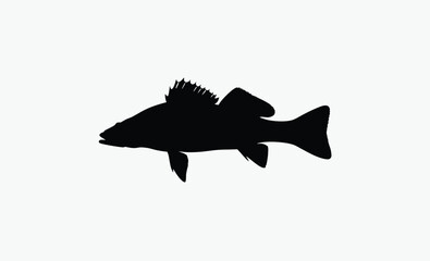 walleye fish silhouette, sharp fin outline, elongated fish body, black white walleye, dorsal fin detail, freshwater fish vector