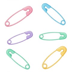 Pastel Colored Safety Pins Illustration on White Background