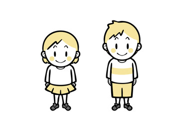 シンプルな線画の、普段着の男女の子ども