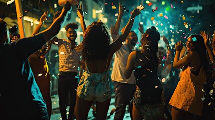 A diverse group of four friends joyfully celebrating outdoors, with confetti or flower petals falling around them.