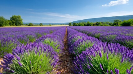 Fototapeta premium Aerial View of a Vibrant Lavender Field in Full Bloom Under a Clear Blue Sky