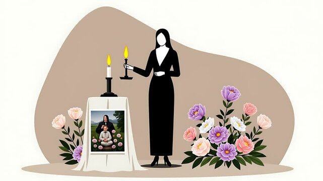 Silhouette of Woman Lighting Candles Before Memorial Portrait