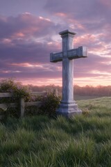 Stone Cross at Sunset: Serene Pastoral Landscape