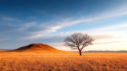 This image features a solitary tree standing gracefully atop a hill, surrounded by golden grass under a beautiful sky at sunset, capturing the essence of tranquility and solitude.