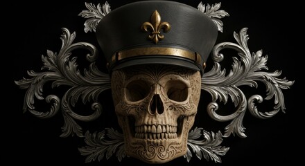 Ornate Skull with Military Hat and Floral Embellishments on Dark Backdrop