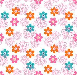 Daisies and Butterflies Pink and Orange Seamless Repeat