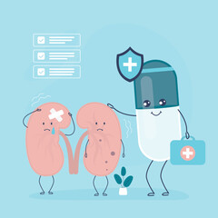 Sad suffering sick kidneys and drug medicine pill characters. Human anatomy genitourinary system, internal unhealthy organs. Funny medical mascots.