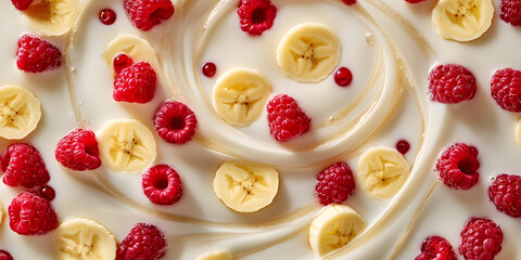 A tornado of banana slices and raspberries swirling within milk