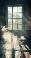 Sunbeams through a window in a dusty room, filled with warm light and soft fog