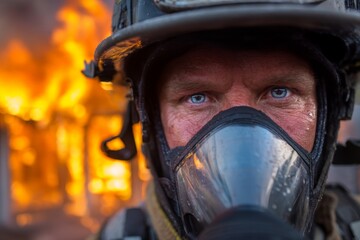 Fototapeta premium Determined Firefighter in Helmet with Mask Gazing with Intensity at Structure Fire, Protection Against Heat and Smoke