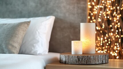 A serene and cozy bedroom setting features serene candles that emit a gentle glow, creating an intimate atmosphere perfect for relaxation and peaceful nights.