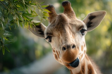 Giraffe closeup portrait grazing bamboo leaves, showing unique markings and expressive face with tongue sticking out