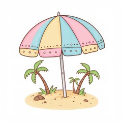 Pastel Beach Umbrella with Palm Trees Illustration