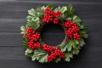 Vibrant Red Berry Wreath: Rustic Charm on Dark Wood