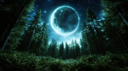 Naklejka premium A glowing full moon dominates the night sky above a dense forest, creating an awe-inspiring view that embodies a sense of wonder, peace, and the majesty of the natural world.