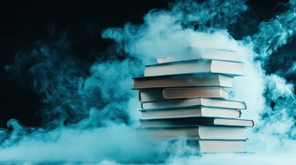 An abstract portrayal of a stack of books cloaked in flowing smoke, creating an mesmerizing visual contrast, enhancing the sense of mystery and the exploration of hidden stories.