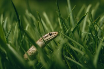Fototapeta premium Snake head emerges through lush, green grass blades, creating a natural reptile habitat scene with focus on detail